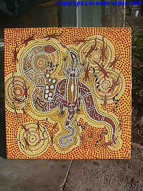 This image story is about respect for each other. The snake and the goanna are from the same clan. They are crossing over each other and they are able to work in harmony. They are painted intertwined. We may imitate that same spirit of grace.